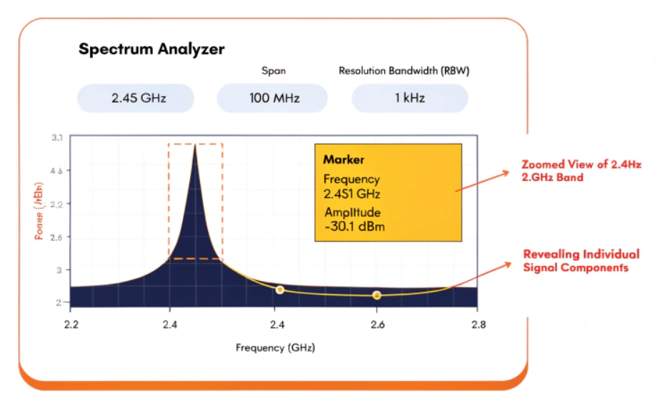 Nærbillede af en spektrumanalysatorskærm, der viser nøgleindstillinger