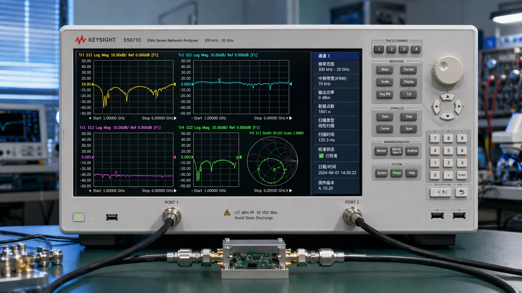 A Vector Network Analyzer measuring S-parameters on a workbench