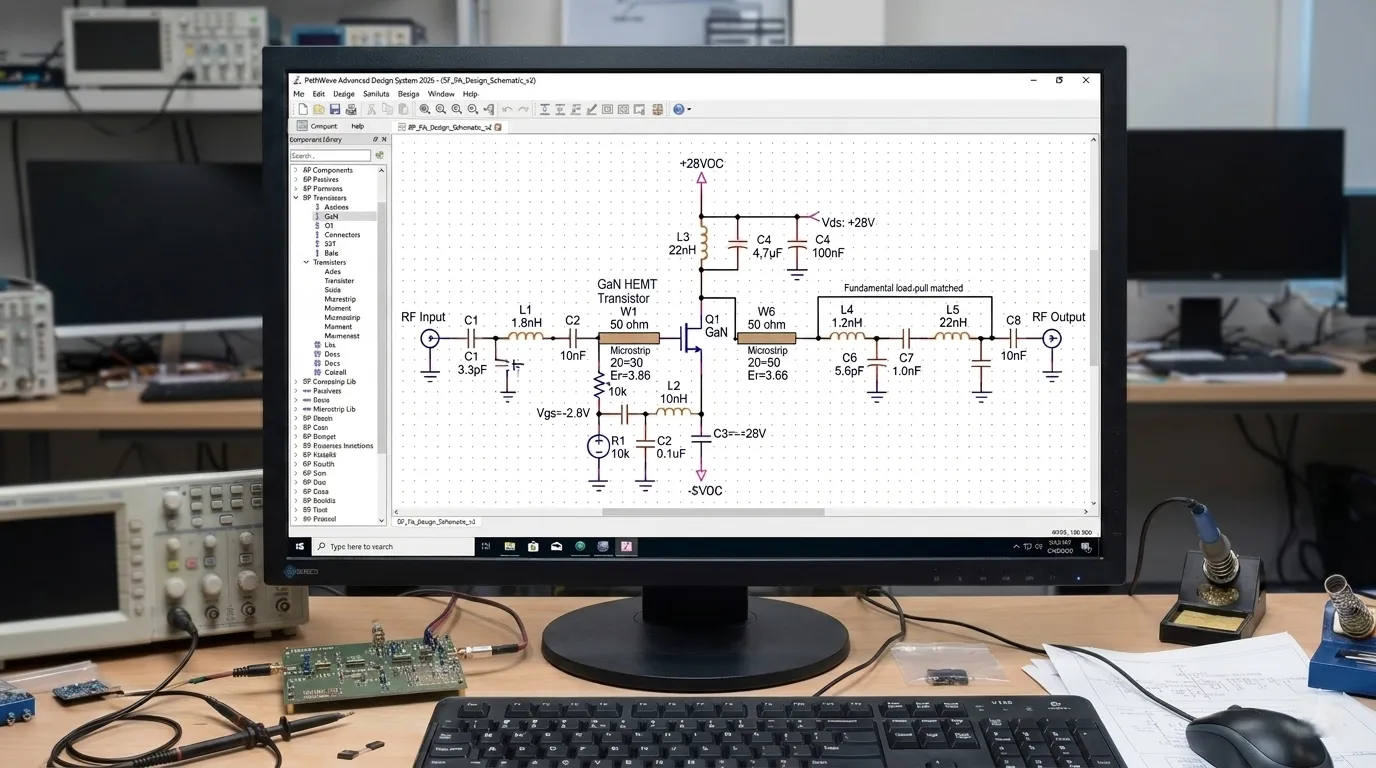 A detailed schematic of an RF amplifier design on a computer screen