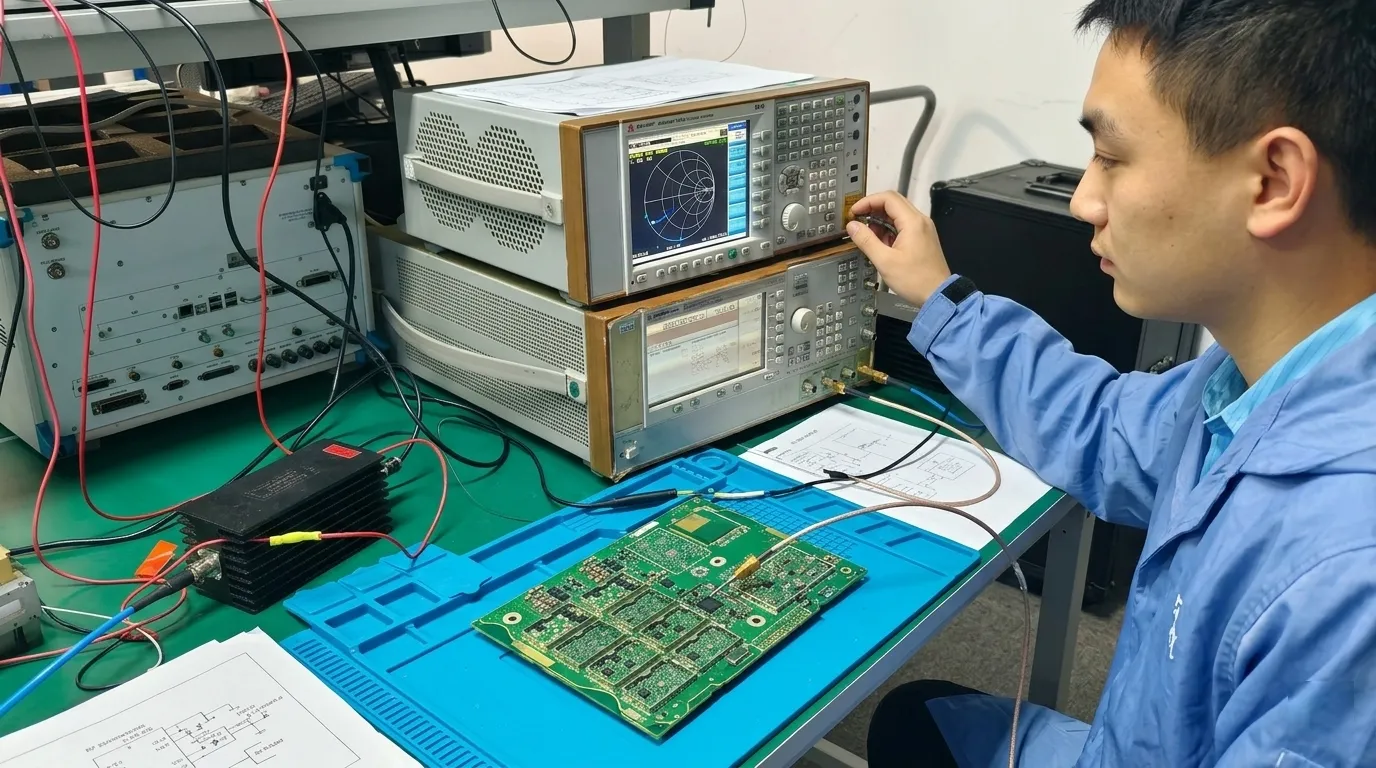 Technician troubleshooting an RF board