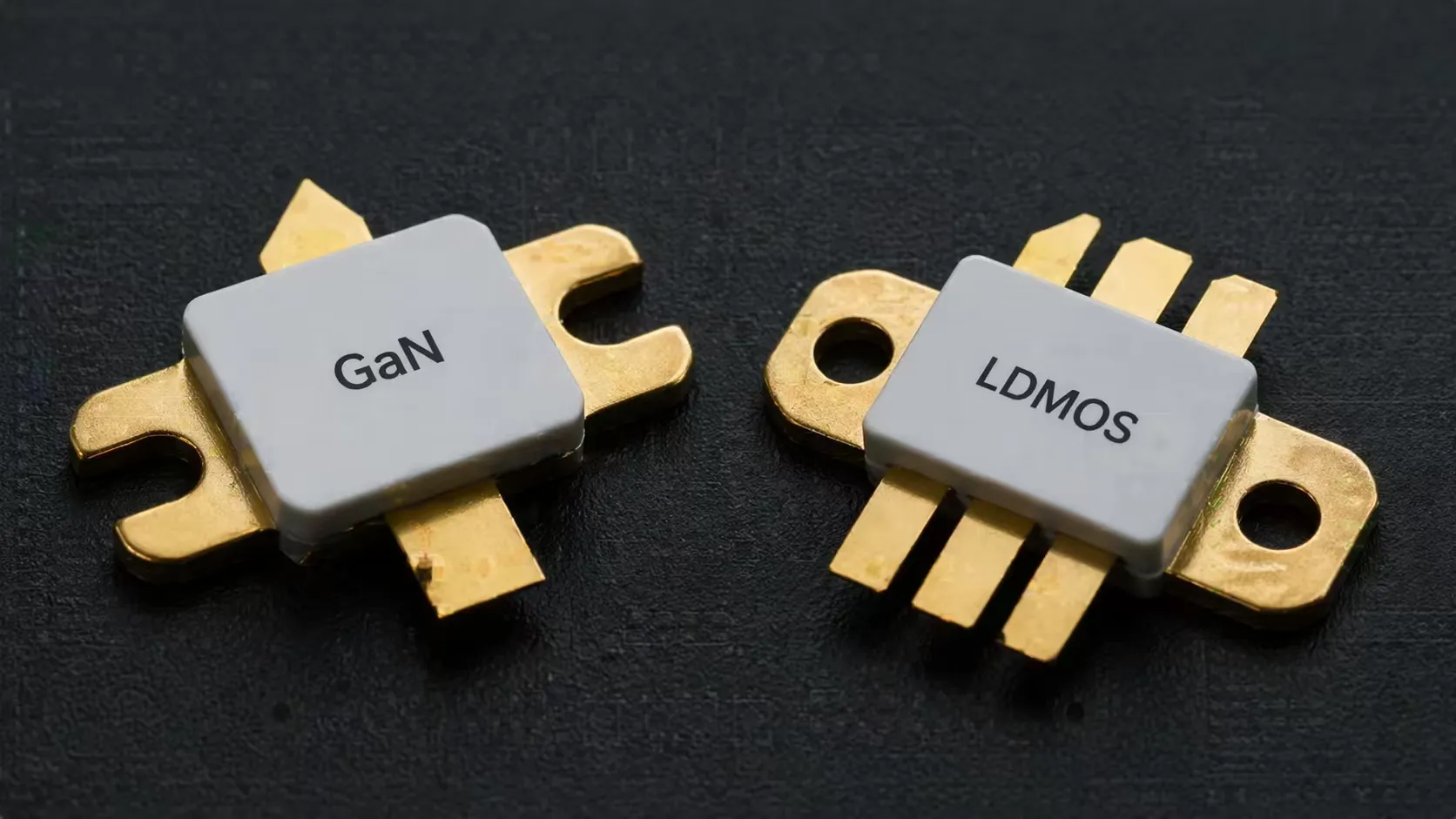 A close-up of different RF power transistors like GaN and LDMOS