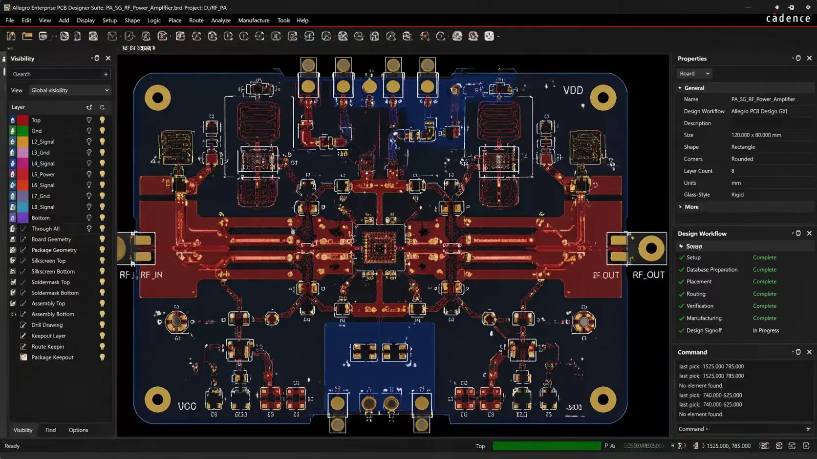 An engineer working on an RF PCB layout in a CAD software