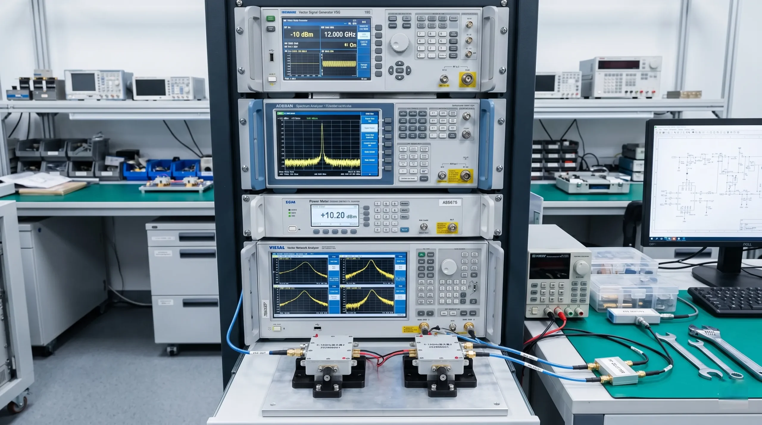 A test bench with VNA, spectrum analyzer, and an RF amplifier under test