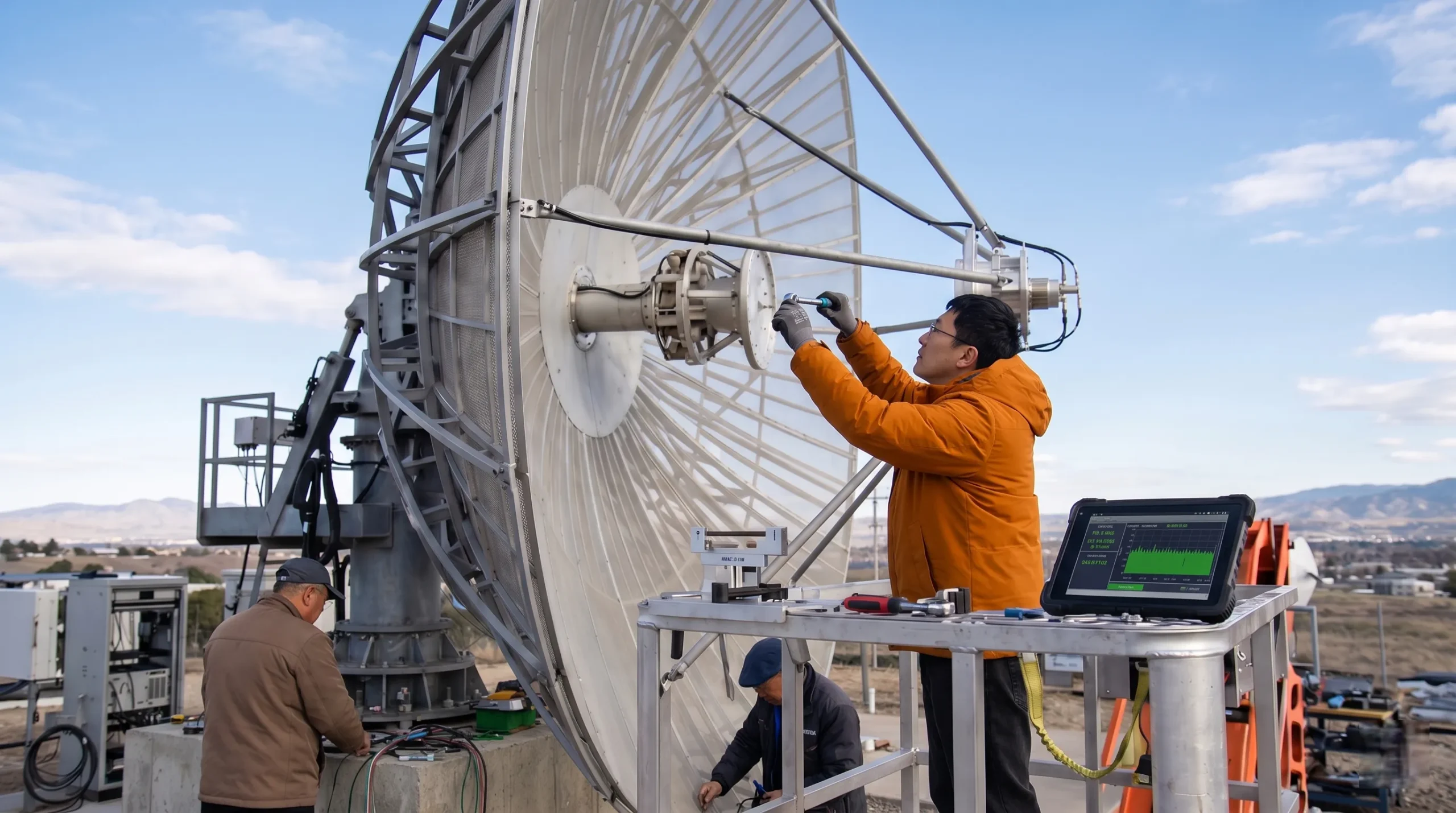 engineer adjusting a satellite antenna feedhorn
