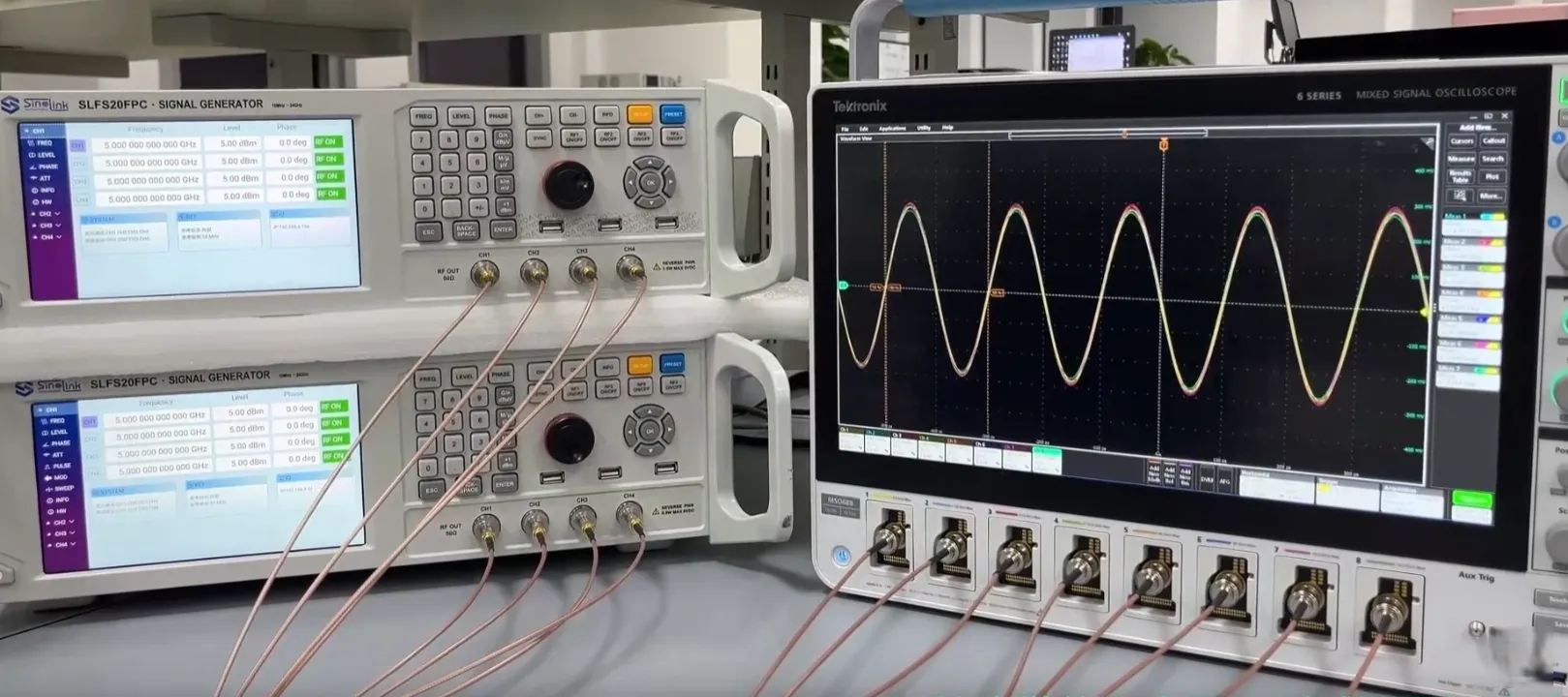 Technician testing RF components for phase and amplitude balance