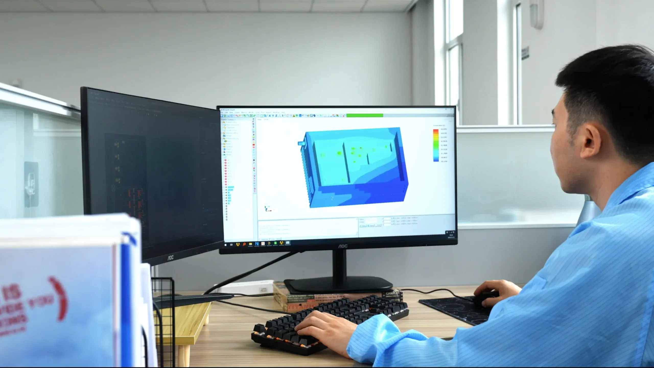 A computer-aided design (CAD) model showing a thermal simulation of an electronics enclosure.