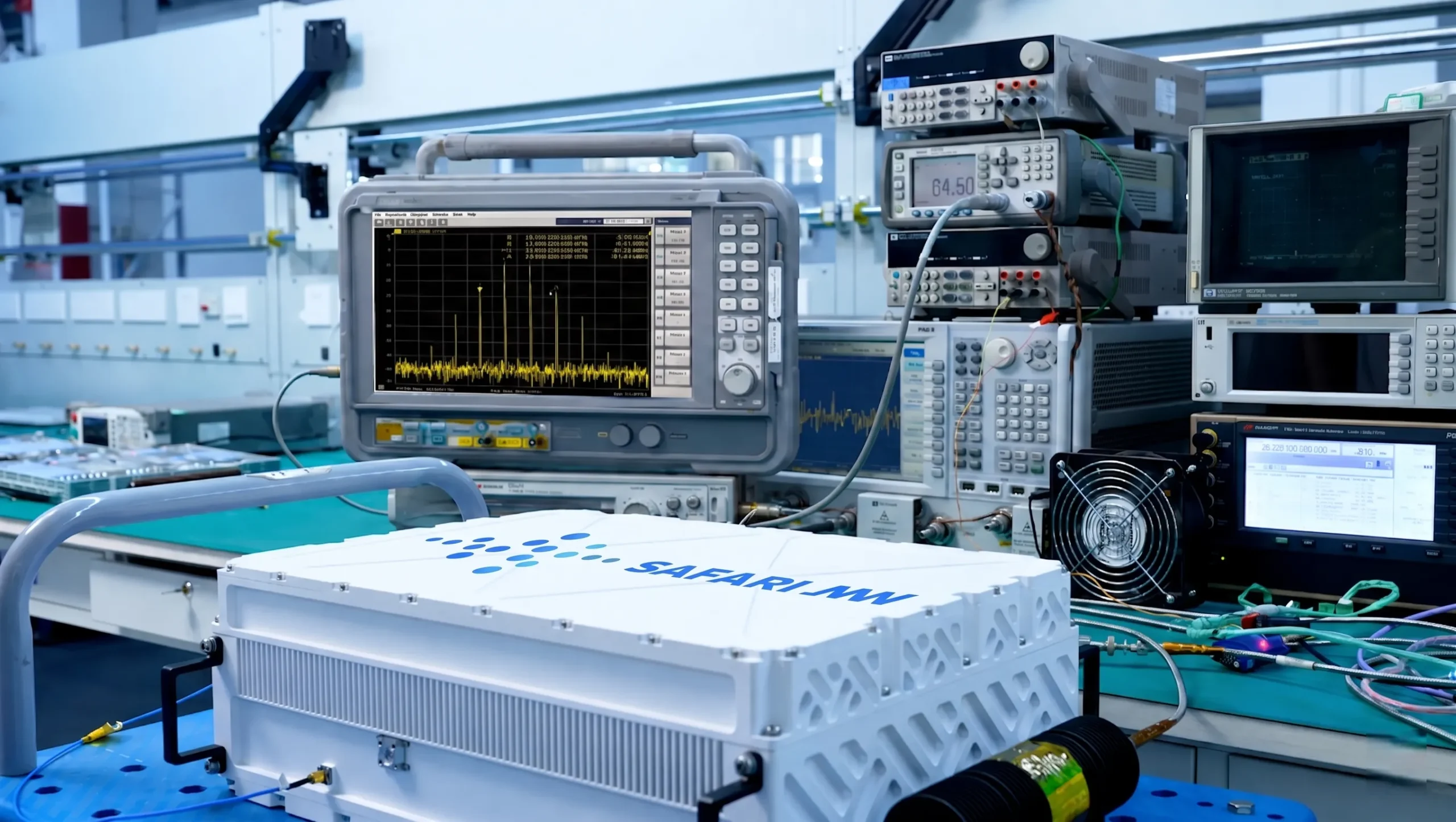 A BUC on a test bench showing spectral regrowth on a spectrum analyzer