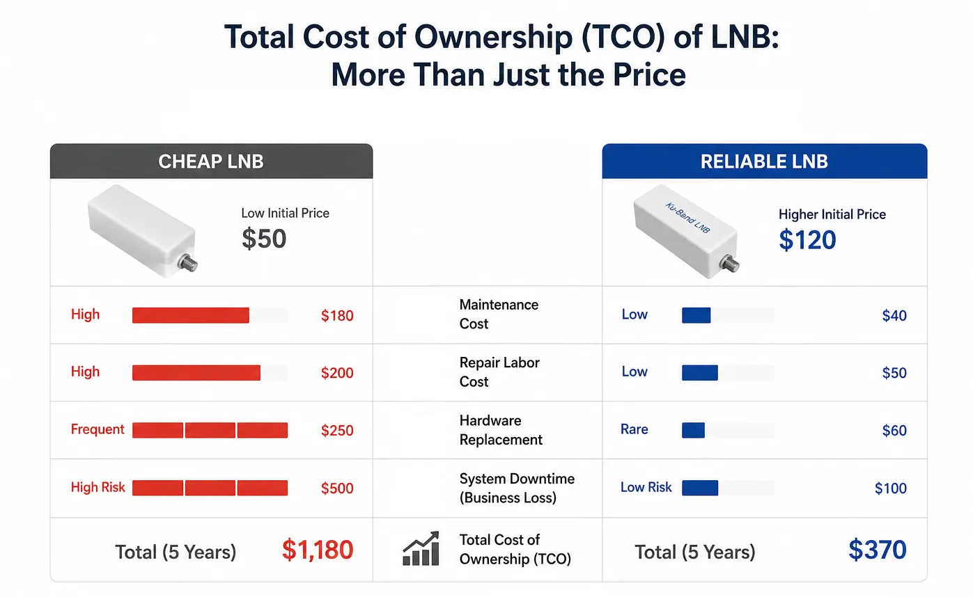 An infographic comparing the Total Cost of Ownership of a cheap LNB vs. a reliable LNB