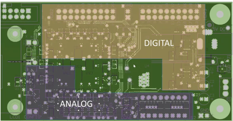 Circuit board layout showing separate ground planes
