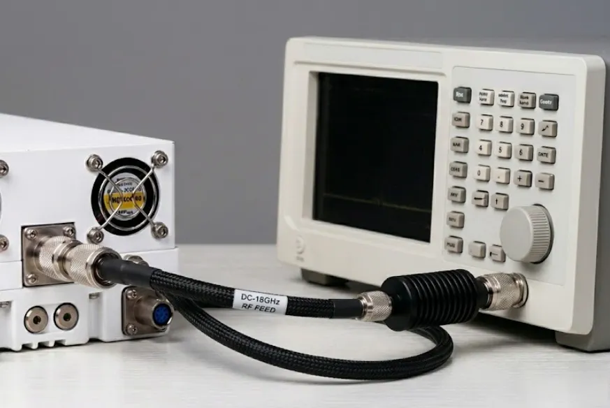 High-power attenuator connected between a BUC and test equipment