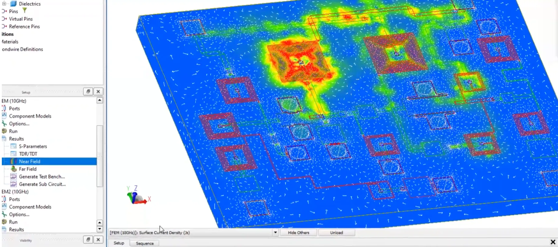 3D EM simulation model in ADS software showing RF fields